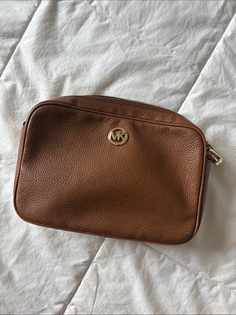 Michael Kors Chestnut Pebbled Leather Crossbody with Gold-Tone MK Logo